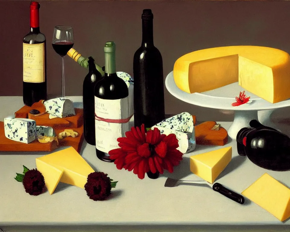 Prompt: an achingly beautiful still life featuring blooming flowers, cheese, and red wine by Raphael, Hopper, and Rene Magritte. detailed, romantic, studio lighting, enchanting, trending on artstation.