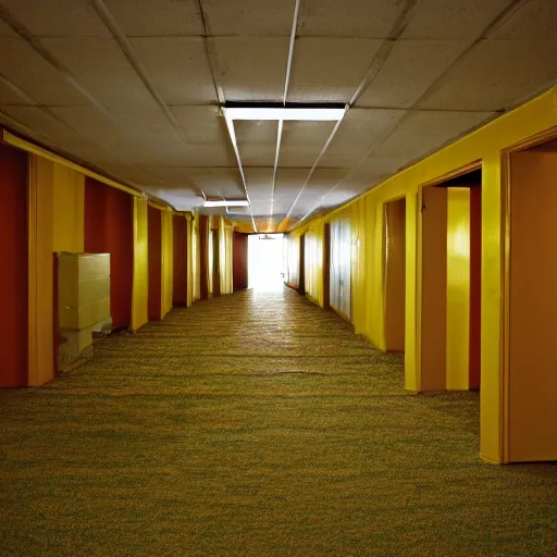 Prompt: Backrooms, old moist carpet, mono-yellow, fluorescent lights, randomly segmented rooms, eerie