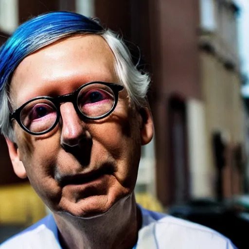 Prompt: senator mitch mcconnell as a soundcloud rapper with face tattoos and gold teeth and rainbow colored hair, profile portrait in front of urban alleyway