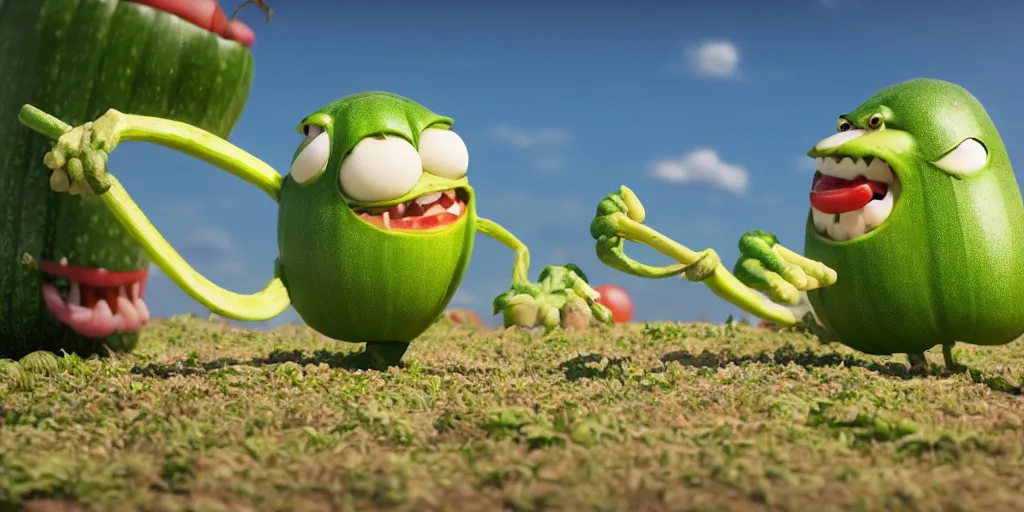 Prompt: detailed 3 d render of a bad zucchini character with arms and legs and a long sword!! chasing after a tomato character, hyper realistic octane render, cinematic lighting, pixar surrealism