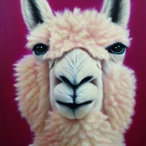 Image similar to fluffy pink alpaca, hyperrealism oil painting