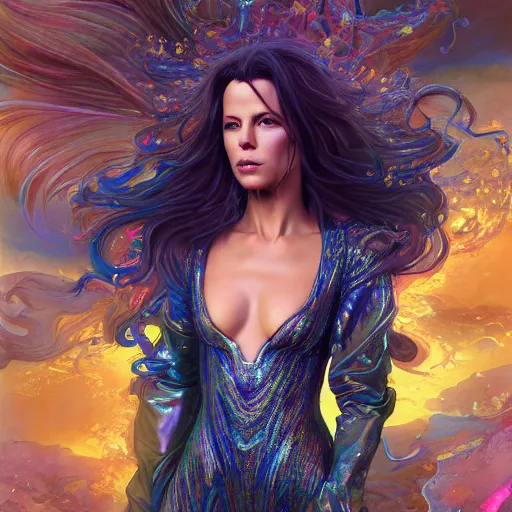 Image similar to ultra detailed illustration of Kate Beckinsale as a anime girl covered in a sea of iridescent liquid, chrome metal material, lost in a dreamy oriental realm by Karol Bak, Ruan Jia, Moebius, hiroshi yoshida, Druillet, colorful, front view, vivid colors, 8k, coherent, anime vibes, uplifting, magical composition, artstation, synthwave, 8k, coherent, artgerm, uplifting, unreal engine, magical composition, artstation,