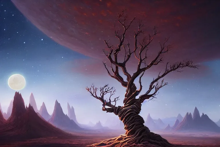 Image similar to cinematic fantasy landscape painting by jessica rossier, primordial and cosmic, desert valley of bones, an eclipse, over an autumn maple bonsai growing alone that is yggdrasil, on a desolate sand dune hr giger