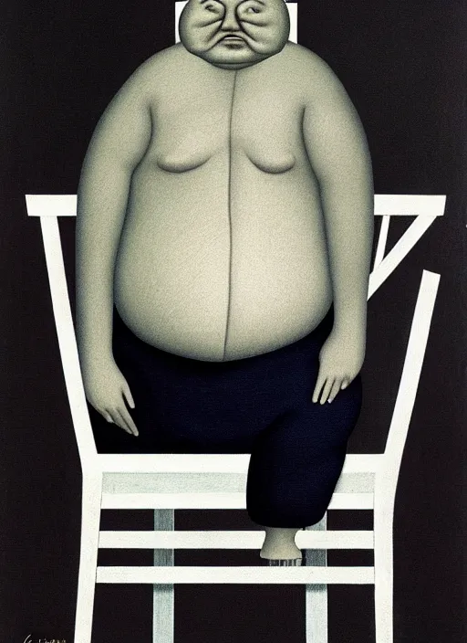 Image similar to fat man sitting on chair, sweat, fat, frustrated, art by gertrude abercrombie