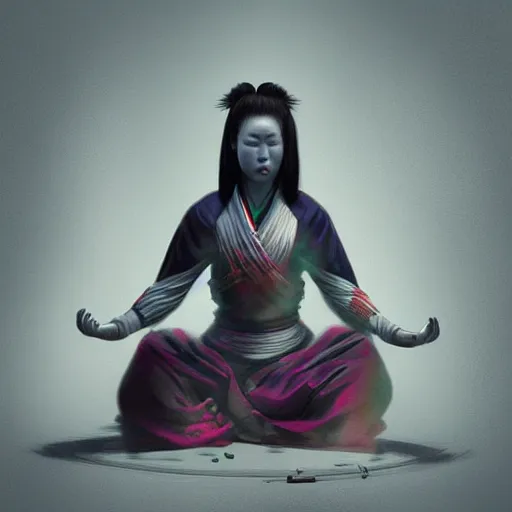 Prompt: samurai woman meditating, hyper realistic, artstation, illustration, digital paint, matte paint, vivid colors