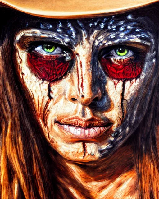 Image similar to acrylic portrait of scarred cowgirl with with burning glowing eyes, high production value, intricate details, high resolution, hdr, high definition, masterpiece, realistic, ultrarealistic, highly detailed, hd, sharp focus, non blurry, sharp, smooth