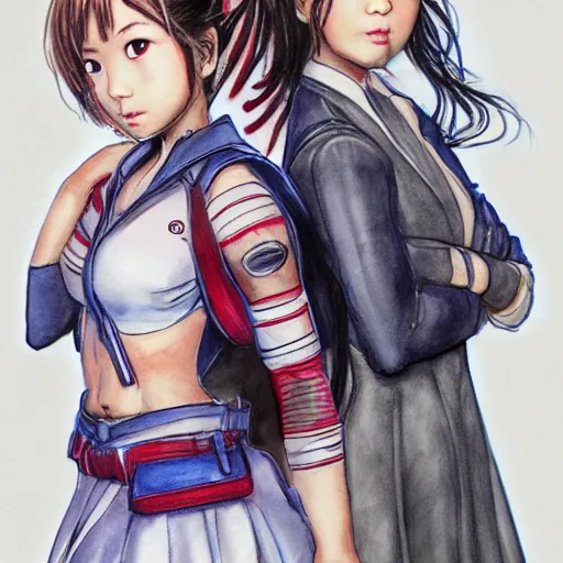 Image similar to a perfect, realistic professional digital sketch for a videogame, two Japanese schoolgirls posing, in style of Marvel, full length, by pen and watercolor, by a professional American senior artist on ArtStation, a high-quality hollywood-style sketch, on high-quality paper