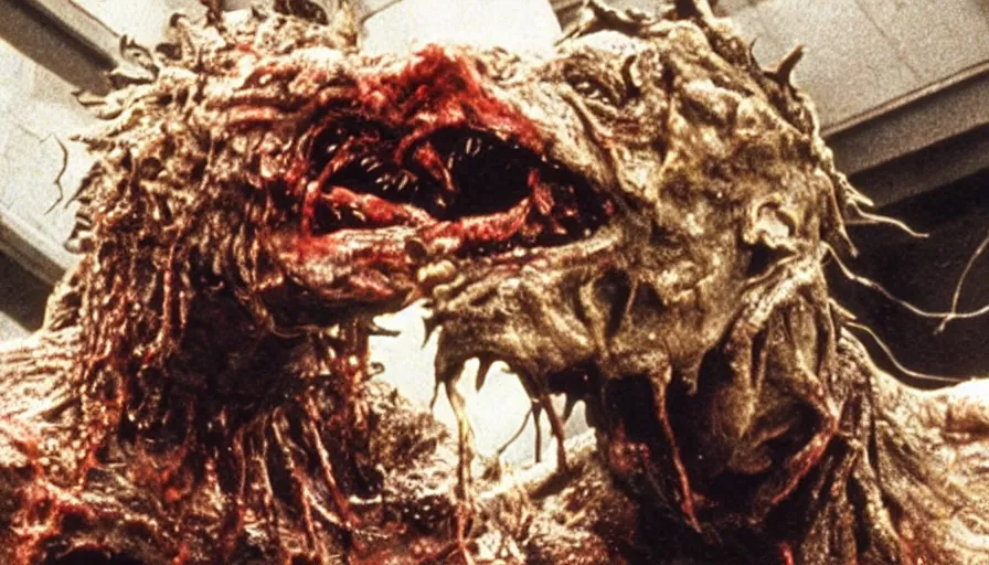 Image similar to a disgusting vile demonic monster eating a man from The Thing, kaiju by Cronenberg and visceral greg nicotero