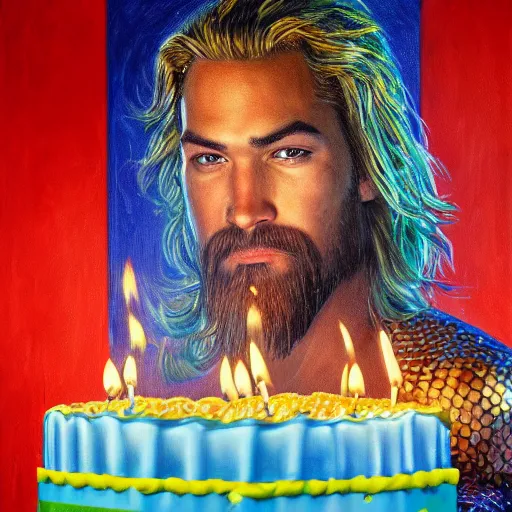 Prompt: intricate five star portrait of aquaman blowing the candle at his birthday, emotion, oil on canvas, hdr, high detail, photo realistic, hyperrealism, matte finish, high contrast, 3 d depth, centered, masterpiece, grainy, tasteful colors, enhanced light effect, enhanced eye detail, artstationhd