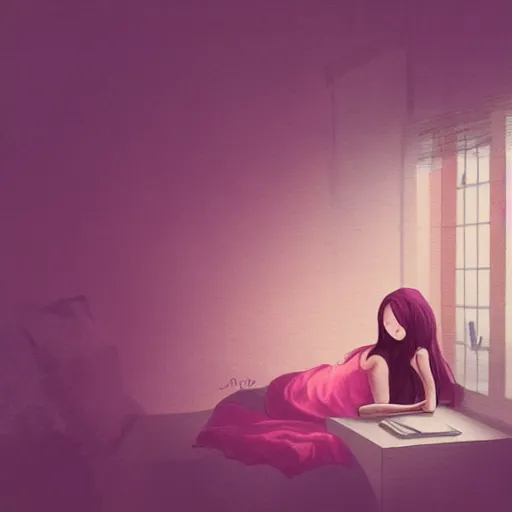 Prompt: Study background, warm tones, night, window, lots of detail, midevil, girl laying head on desk, sleep, magic, warm lighting, pink aesthetic