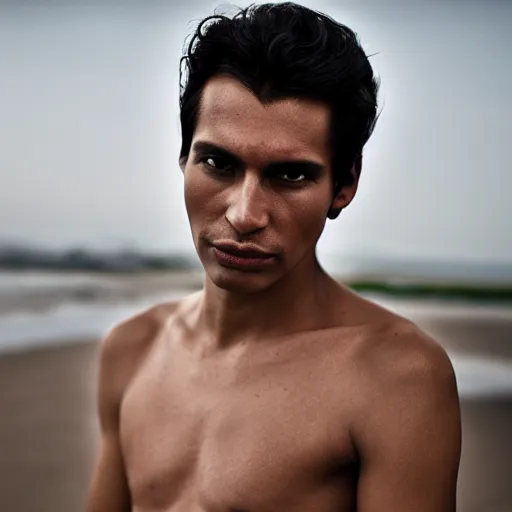 Image similar to color portrait of a very handsome peruvian male model by emmanuel lubezki