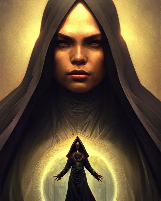 Prompt: realistic wide angle portrait of a dark bishop, heroic pose, beautiful face, full body, dramatic lighting, intricate, wild, highly detailed, digital painting, artstation, concept art, smooth, sharp focus, illustration, art by artgerm and greg rutkowski and alphonse mucha, footage from space camera