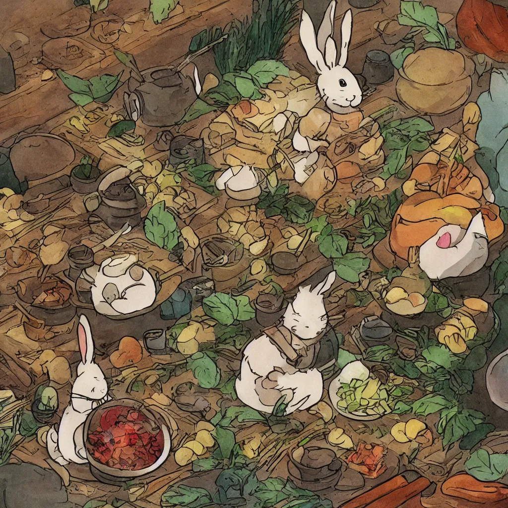 Prompt: a rabbit cooking in the style of studio ghibli