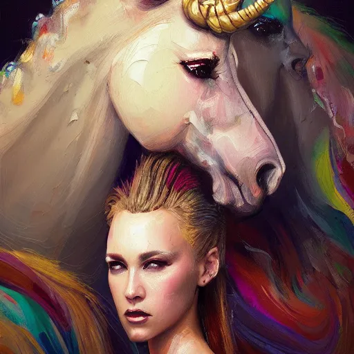 Prompt: expressive oil painting of two unicorn with two! heads!, seductive look, smirking, smooth, serious look, made from beads, glamour shot, by yoshitaka amano, by greg rutkowski, digital art, octane render, artstation, grunge aesthetic