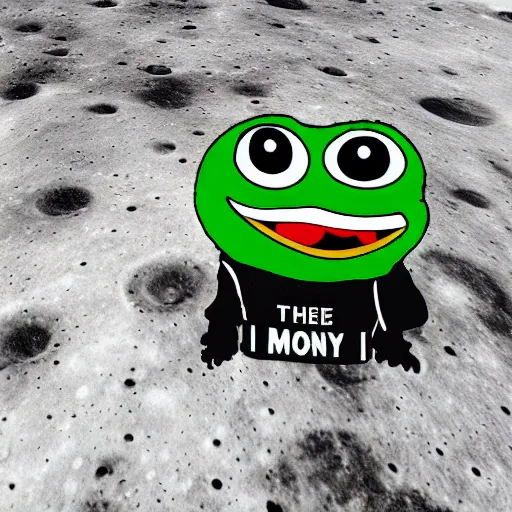 Image similar to pepe the frog walking on the moon ultra realistic