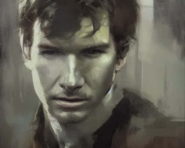 Image similar to portrait of young han solo young harrison ford in shades of grey but with brown by jeremy mann