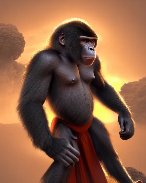 Prompt: fury art, an anthro ape monkey wearing a large cape and a fantasy armor, jungle background, 3 d, 8 k, extremely detailed, trending on furaffinity, trending on artstation, award winning, sharp focus, illustration