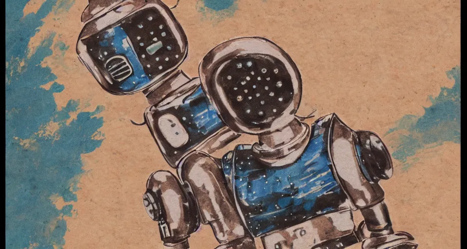 Image similar to a detailed illustration of a cute retro robot dog, alcohol inks on parchment, muted colors, detailed, textured parchment background, 1 9 5 0 s concept art