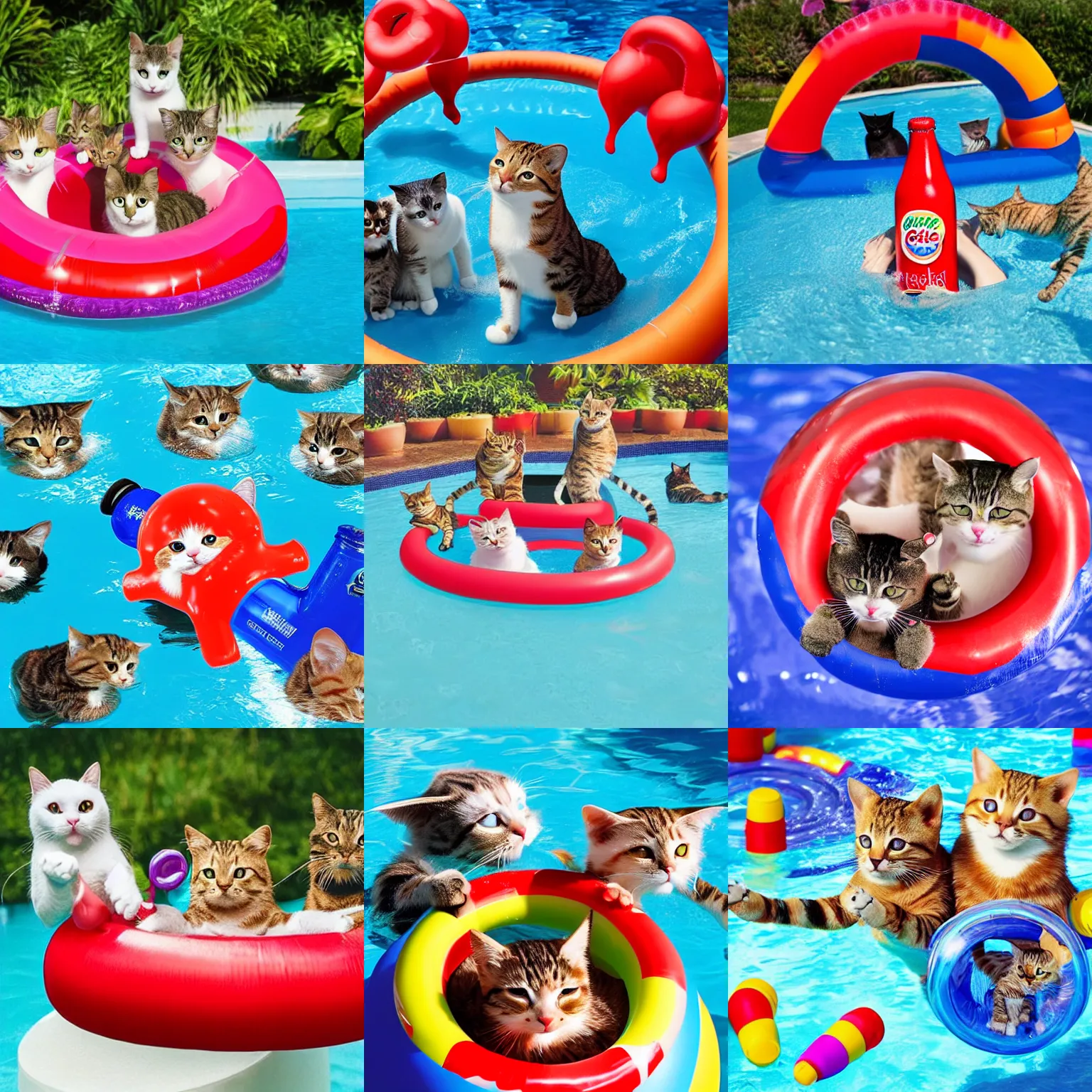 Prompt: cats having a pool party in a giant bottle of cola, wearing inflatable rings for swimming