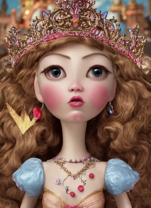 Image similar to closeup profile portrait of tin toy fairytale princess wearing a crown, bikini, depth of field, zeiss lens, detailed, symmetrical, centered, fashion photoshoot, by nicoletta ceccoli, mark ryden, lostfish, breathtaking, 8 k resolution, extremely detailed, beautiful, establishing shot, artistic, hyperrealistic, octane render