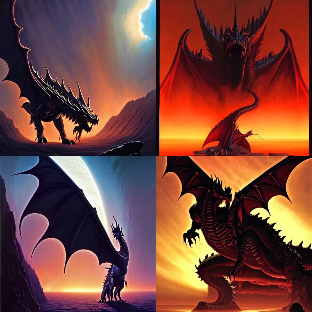 Prompt: A majestic colossal gothic dragon in an epic scene, by Ralph McQuarrie, by Hal Foster, by Wayne Barlowe, masterpiece, oil on canvas, trending on artstation, top on pixiv, cinematic composition, dramatic scene, beautiful lighting, sharp, high details, astrophotography, no frames, 8K