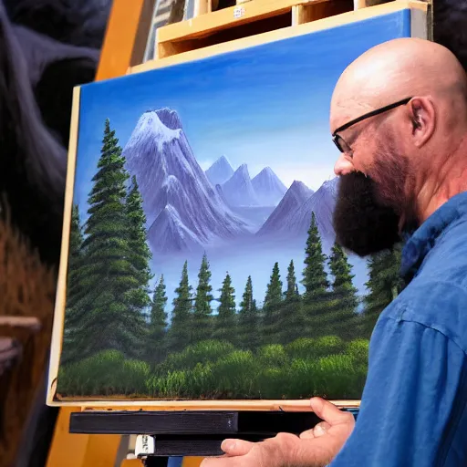 Image similar to a closeup photorealistic photograph of bob ross working on a canvas painting of darth vader. film still. brightly lit scene. mountains and trees. this 4 k hd image is trending on artstation, featured on behance, well - rendered, extra crisp, features intricate detail, epic composition and the style of unreal engine.