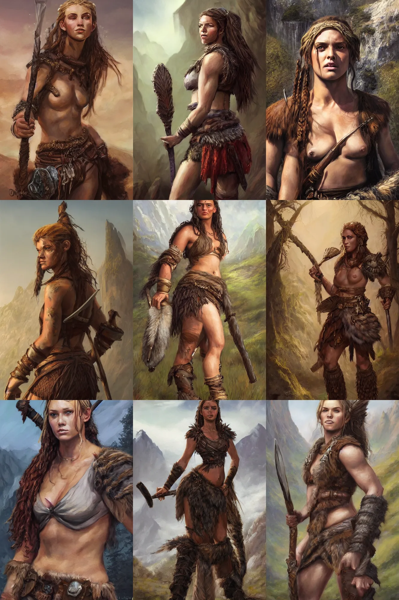 Image similar to a full body high detail fantasy portrait oil painting illustration of a beautiful young rugged stoic barbarian woman by justin sweet with face and body clearly visible, in a scenic background, pupils visible, realistic proportions, d & d, rpg, forgotten realms, artstation trending, high quality, sombre mood, artstation trending, muted colours, entire person visible!