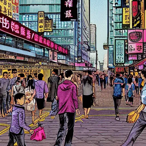 Image similar to glossy old advertising poster, mark zuckerberg walking through crowded hong kong street, vendors, drawn comic by junji ito, pastels, gradient