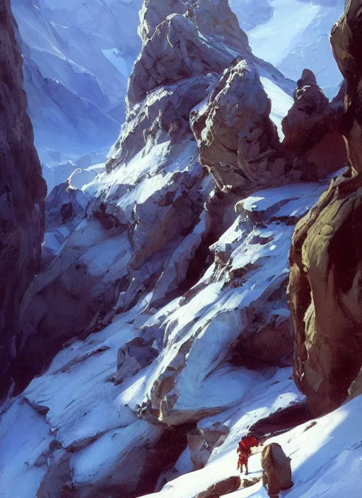 Prompt: icy mountaintop cave, extremely detailed oil painting, sargent and leyendecker, savrasov levitan polenov, bruce pennington, tim hildebrandt, digital art, landscape painting, trending on artstation, masterpiece