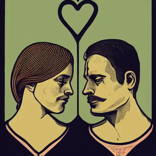 Image similar to perfectly centered symmetrical split male and female portrait of man and woman in love sharing one heart. illustration, highly detailed, simple, no jagged lines, smooth, artstation, wacom artwork by ravi zupa