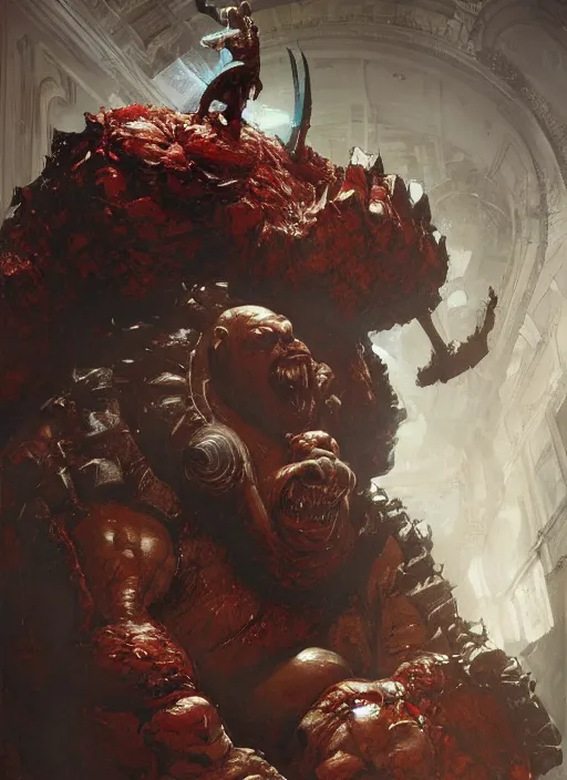 Prompt: huge hulking brute demon king wide shoulders, vascular hands, muscular arms, wearing cape sitting on throne in science fiction hall, by sergey kolesov and lawrence alma tadema and norman rockwell and greg staples and craig mullins and john berkey and ruan jia, artstation creature art