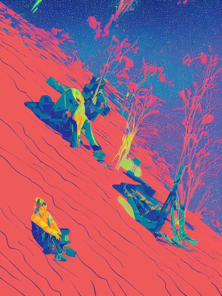 Prompt: a vibrant ultraclear closeup portrait of a man tasting neon fireworks and blotter papers of lsd acid, dreaming psychedelic hallucinations in the vast icy landscape of antarctica, by james gilleard, kawase hasui, moebius, colorful flat surreal design, hd, 3 2 k