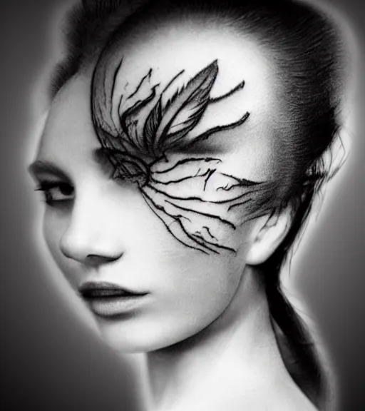 Image similar to tattoo design sketch of an extremely beautiful woman face with a faded background of beautiful mountains on her side, hyper - realistic, double exposure effect, in the style of matteo pasqualin, amazing detail, black and white, faded