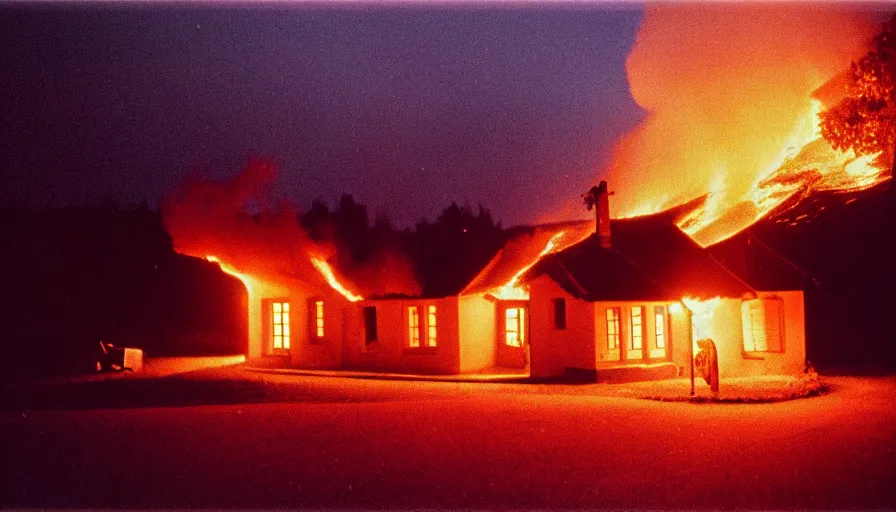 Prompt: 1 9 7 0 s movie still of a heavy burning french style little house in a small northern french village by night in autumn, cinestill 8 0 0 t 3 5 mm, heavy grain, high quality, high detail, dramatic light, anamorphic, flares