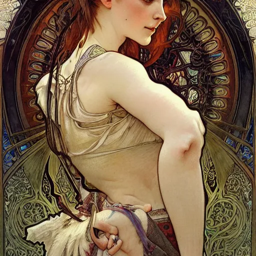 Prompt: realistic detailed portrait of a goat by Alphonse Mucha, Amano, Charlie Bowater, Karol Bak, Greg Hildebrandt, Jean Delville, and Mark Brooks, Art Nouveau, Neo-Gothic, gothic, dark ominous lighting