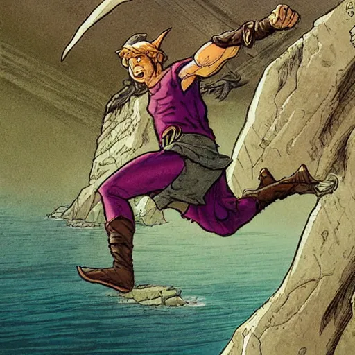 Prompt: precisely drawn illustration of elf jumping down rock ledge, wide angle, sharp, fine details, French comic style, vibrant realistic colors, full color, heroic fantasy, intense line art, 8k, precise linework, realistic, in the style of Richard Corben and Moebius