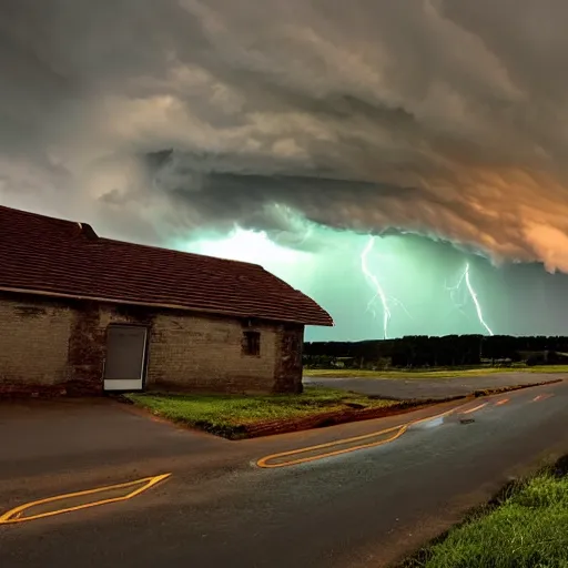 Image similar to a beautiful thunderstorm rolling over a small town, with the clouds illuminated slightly red, ominous, eerie, wayne barlow