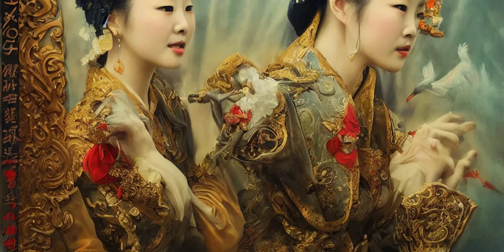 Image similar to Highly detailed and cinematic romantic period oil painting of the Chinese pirate queen Zheng Yi Sao, strong atmosphere, oil painting masterpiece by Josep Tapiró Baró, symmetry, fractals