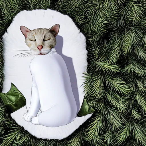 Image similar to a superhero white cat with spandex suit and cape sleeping curled up on bed of pine needles, digital art