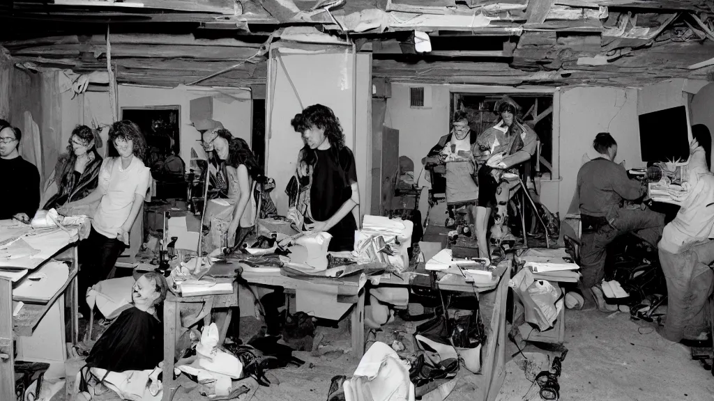 Image similar to A group of artists working in their cramped basement, 90s Film Photo, Flash Photography, 40mm lens, Award Winning, 8k Film Scan