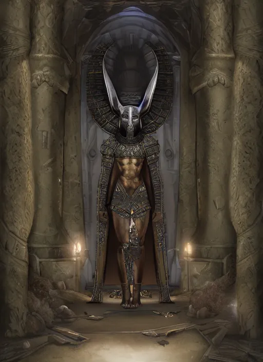 Image similar to anubis guarding the entrance to the mausoleum, concept art, digital illustration, trending on artstation, deviantart, artgerm, epic composition, masterpiece, highly detailed, advanced technique, realistic, ambient lighting, wlop, ross draws