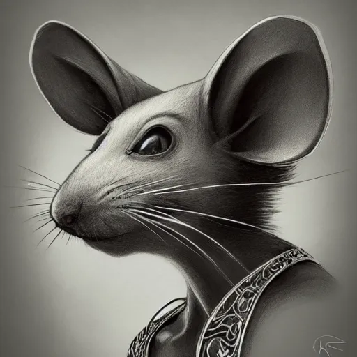 Image similar to a photograpic portrait of a anthropomorphic mouse wearing black clothes, black hair, grey skin, grey mouse ears, fantasy, intricate, elegant, highly detailed, digital painting, artstation, smooth, sharp focus, illustration, art by artgerm and H R Giger and alphonse mucha