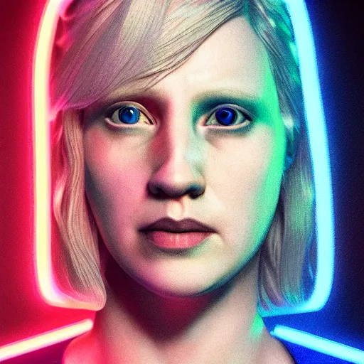 Image similar to photorealistic cyberpunk brienne of tarth, iridescent neon