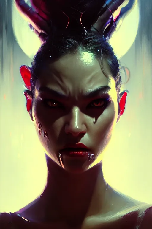 Image similar to cinematic shot of an epic portrait of an angry demon dressed, stylised, shiny skin, beautiful eyes, beautiful, small details, night setting, realistic poster with volumetric light from craig mallism, artgerm, jeremy lipkin and michael garmash, unreal engine, radiant light, digital art, trends at art station, a masterpiece