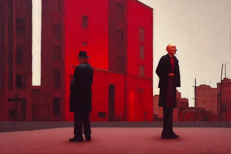 Image similar to only with red, a red old stylish man try to sell a portrait, crowd cheering, in a city square, in the style of beksinski, parts by edward hopper, parts by rodcenko, parts by yue minjun, intricate and epic composition, red by caravaggio, insanely quality, highly detailed, masterpiece, red light, artstation, 4 k