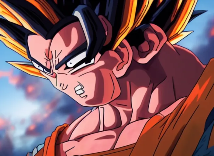 Prompt: close up cinematic artwork of goku staring down the enemy on the battlefield by Greg Rutkowski, 4k, masterpiece