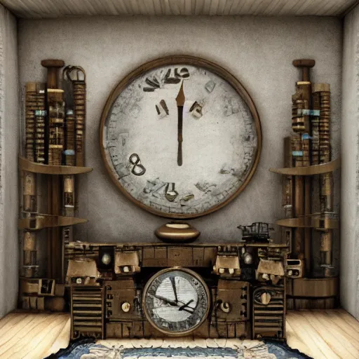 Prompt: octane 3D render steampunk room with a big watch in the middle