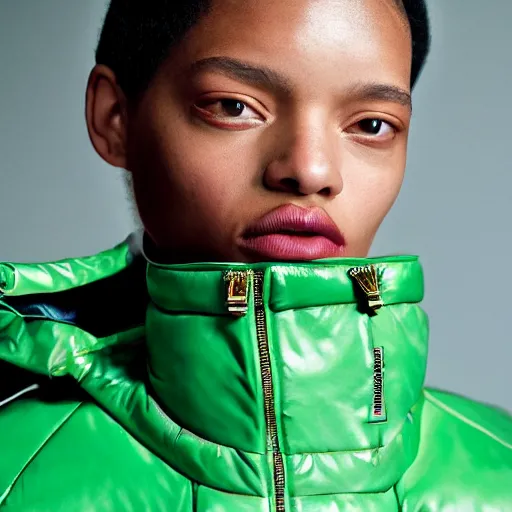 Image similar to realistic photoshooting for a new balenciaga lookbook color film photography close up portrait of a beautiful woman model, model wears a puffer jacket, photo in style of tyler mitchell, ssense