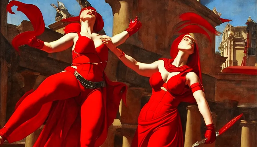 Image similar to only with red, an armored female gladiator in a crowded roman amphitheatre, crowd cheering, in the style of rolf armstrong and ambrosius benson and edward hopper and and rodcenko, intricate and epic composition, red by caravaggio, highly detailed, masterpiece, red light, artstation