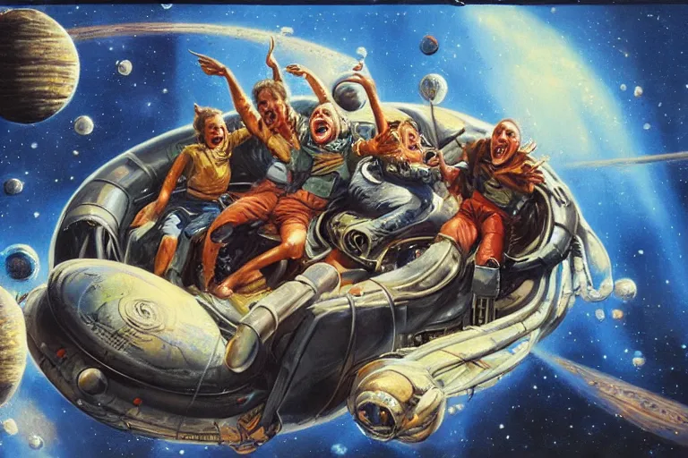 Prompt: a picture of a laughing family in a alien space ship, a detailed action painting by mort kunstler, pixiv, kitsch movement, burning earth in background, movie poster, official art